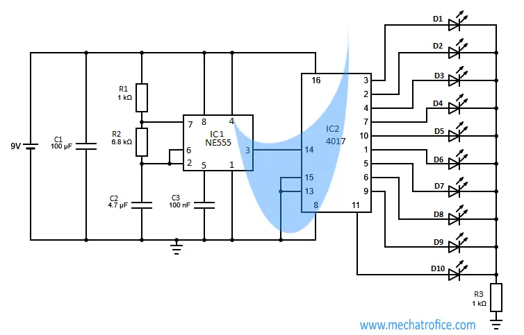 LED chaser circuit using IC 4017 and 555
