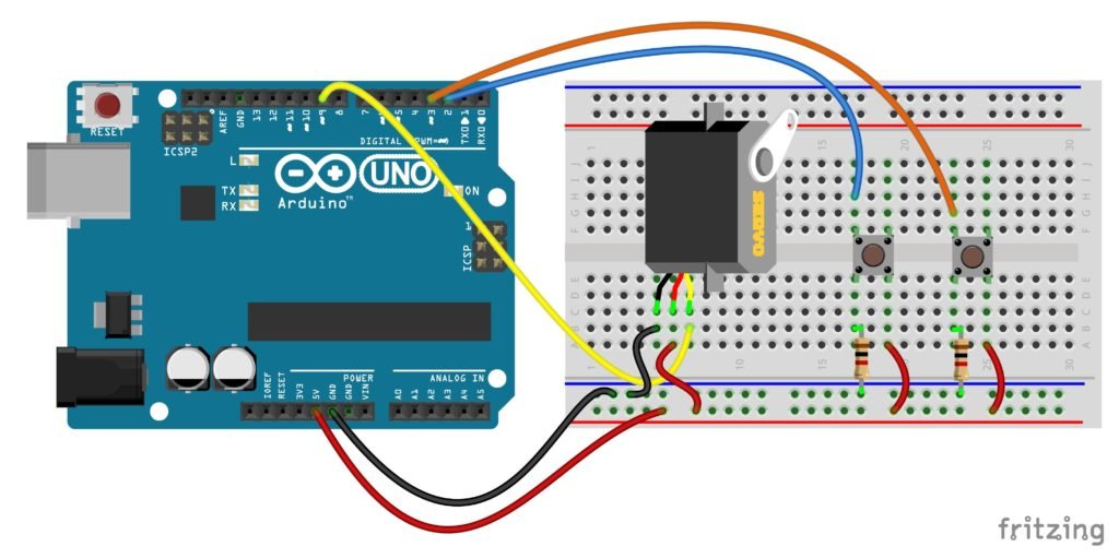 arduino supply to to 5v how switch control push Servo button by