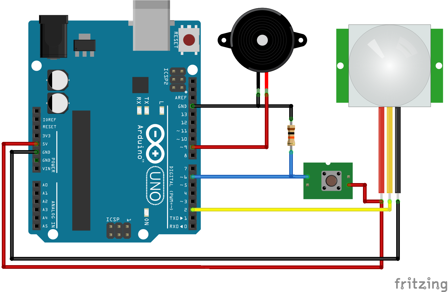 Motion detector PIR sensor HC-SR501 Arduino code and circuit